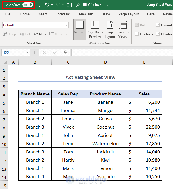 how to use sheet view in Excel, activating sheet view
