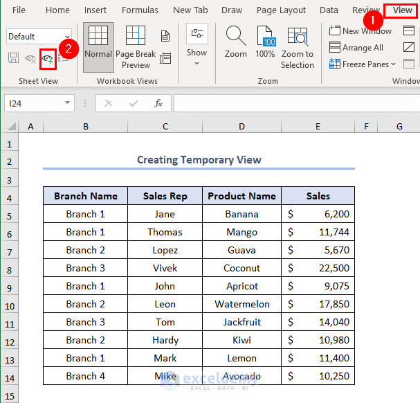 how to use sheet view in Excel, Creating Temporary view sheet view