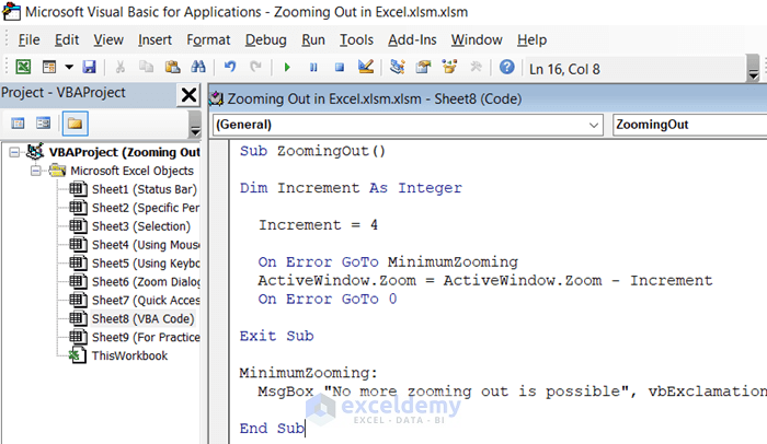 Apply Excel VBA Code to Zoom Out