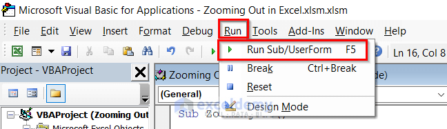 Apply Excel VBA Code to Zoom Out