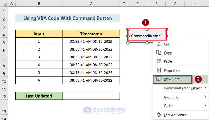 Editing Command button Name to Insert Last Modified Date and Time in Excel Cell