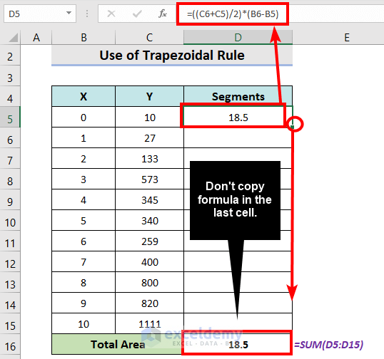 Calculate area under a curve in Excel using trapezoidal rule.
