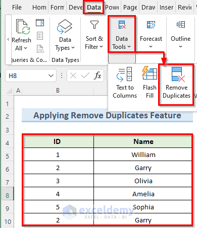 selecting remove duplicates and merge two tables in excel