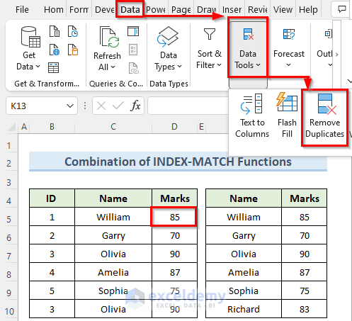 selecting remove duplicates in excel and merge two tables