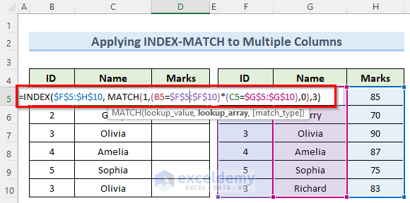 INDEX and MATCH function in excel to merge two tables and remove duplicates