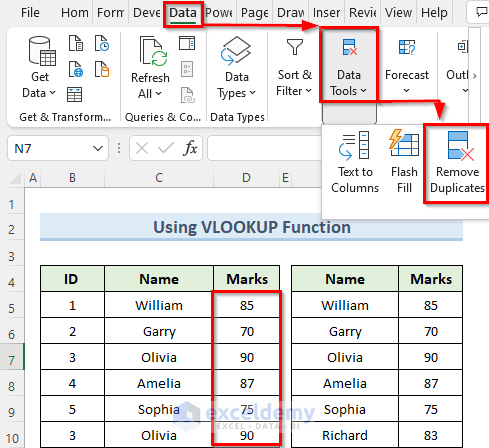 selecting remove duplicates in excel and merge two tables