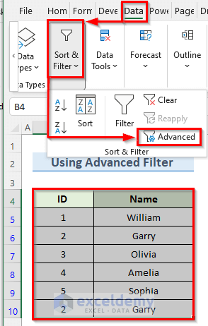 advanced filter to merge two tables and remove duplicates