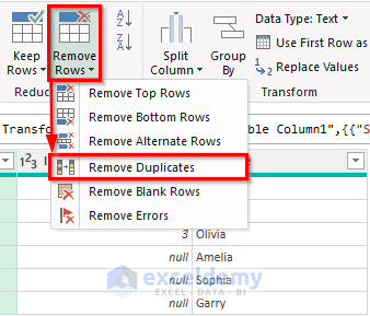 remove duplicates in power query