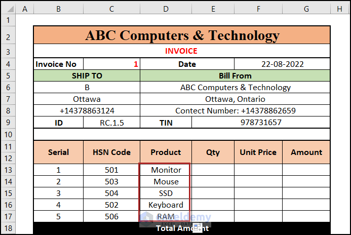 Non GST Invoice Format in Excel