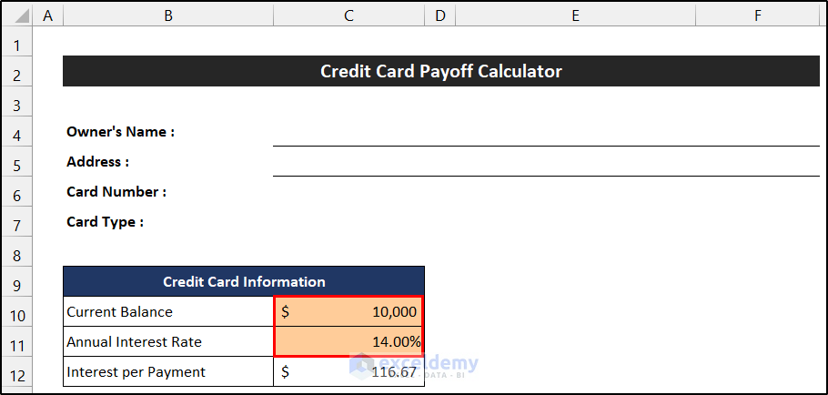 Create Credit Card Information Section to Create Pay off Credit Card Debt Calculator