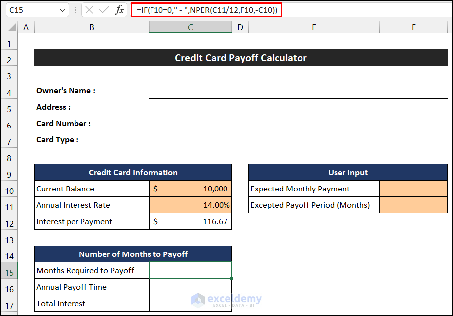 Estimate Number of Months to Payoff to Create Pay off Credit Card Debt Calculator