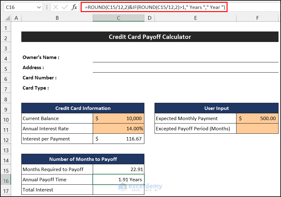 Estimate Number of Months to Payoff to Create Pay off Credit Card Debt Calculator