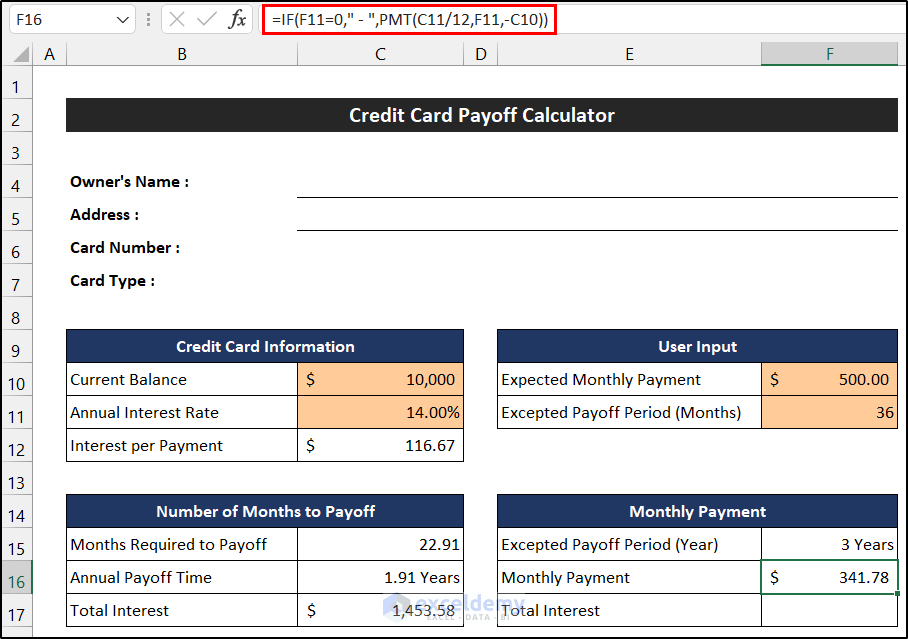 Calculate Monthly Payment Amount for Specific Period to Create Pay off Credit Card Debt Calculator