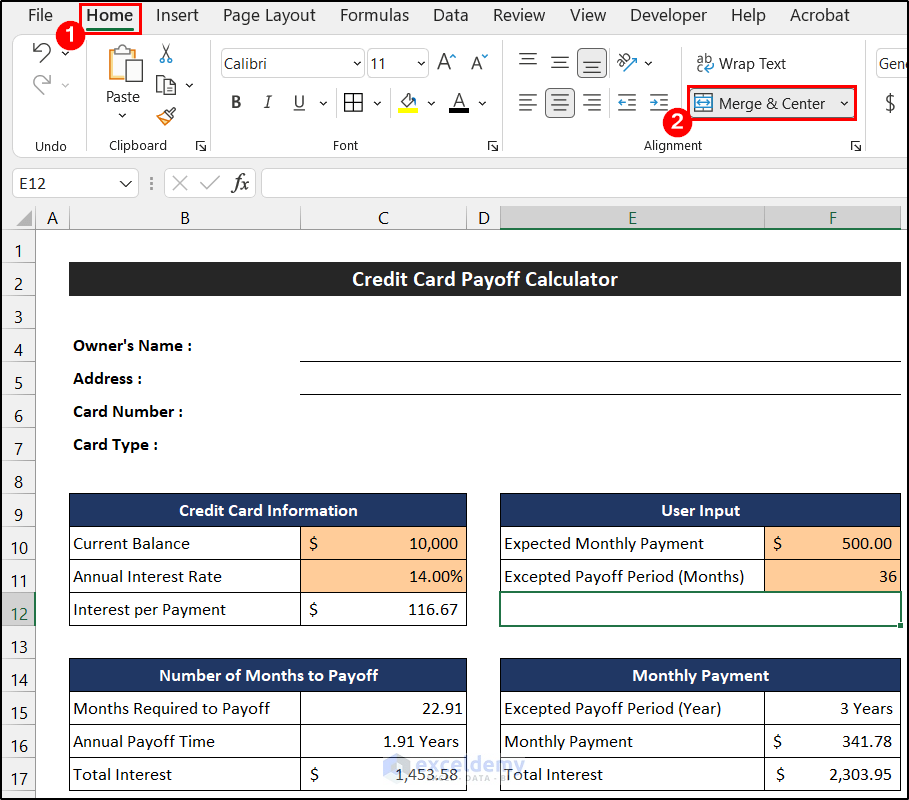 Establish Relation to Check that Table from ‘User Input’ Section to Create Pay off Credit Card Debt Calculator