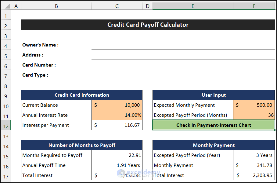 Establish Relation to Check that Table from ‘User Input’ Section to Create Pay off Credit Card Debt Calculator