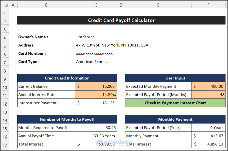 Verify Pay off Credit Card Debt Calculator with Sample Data