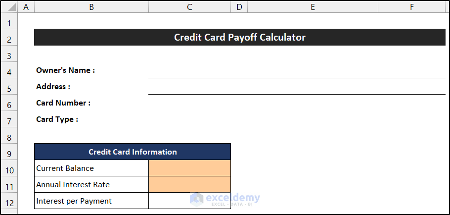 Create Credit Card Information Section to Create Pay off Credit Card Debt Calculator