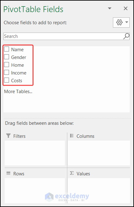 PivotTable fields to get the Grand Total column