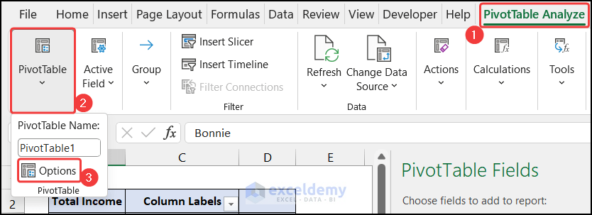 Opening PivotTable Options Dialog Box for showing the Grand Total Column