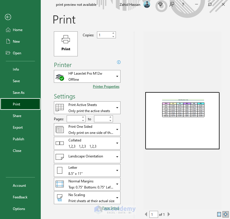 print preview not available in excel Modifying Page Setup Option