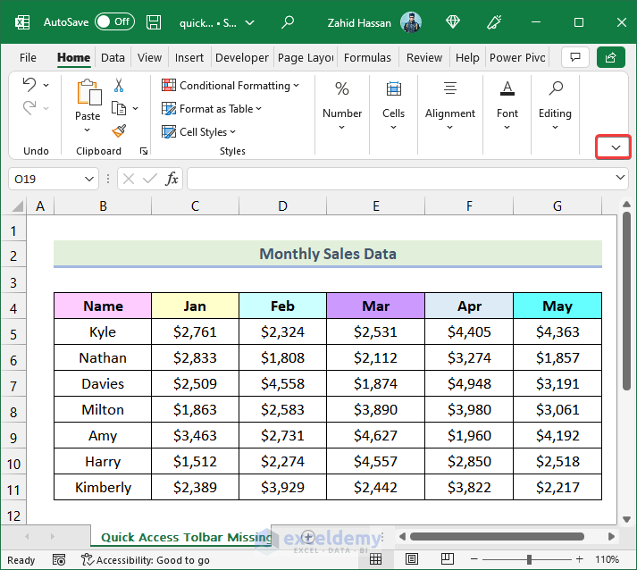 quick access toolbar in excel missing Utilizing Show Ribbon Option