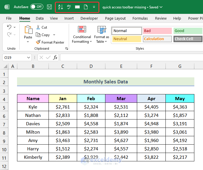 quick access toolbar in excel missing