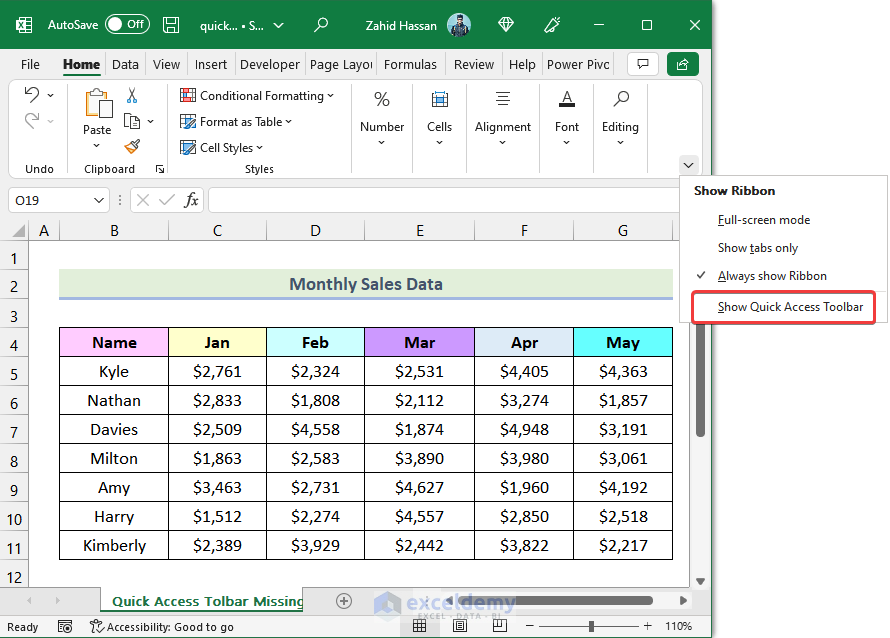 quick access toolbar in excel missing Utilizing Show Ribbon Option