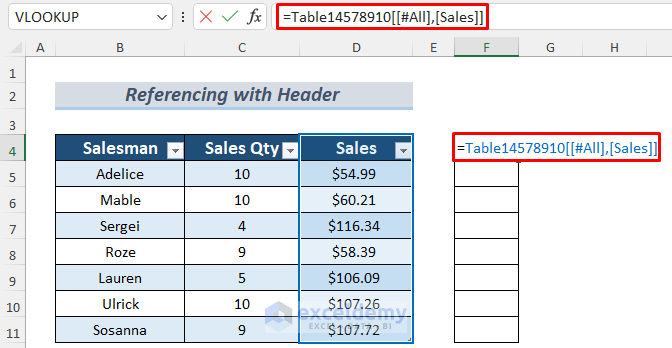 Reference Data and Header Simultaneously of a Structured Reference in excel