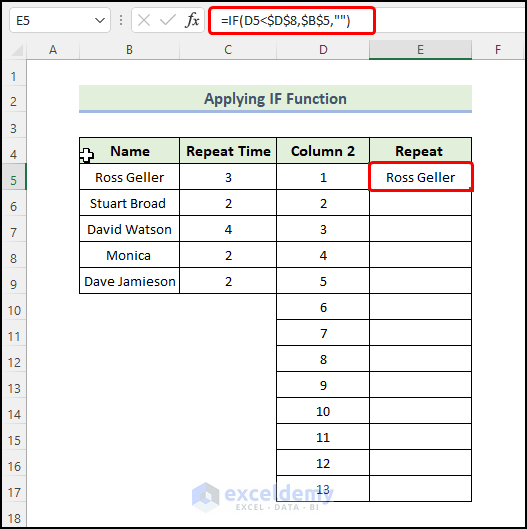 Using IF Function to Repeat Rows in Excel Based on Cell Value