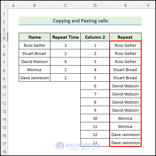  Repeat Rows in Excel Based on Cell Value by pasting value