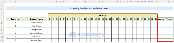 Create Student Attendance Sheet in Excel with Formula