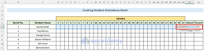 Create Student Attendance Sheet in Excel with Formula