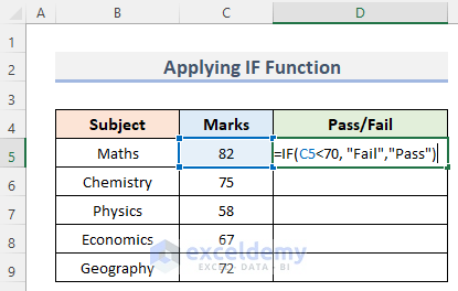 Apply Excel IF Function to Calculate Subject Wise Pass or Fail