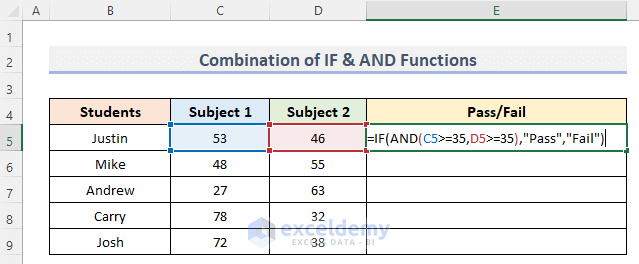 Get Subject Wise Pass or Fail by Combining IF & AND Functions