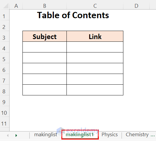 table of contents in excel vba