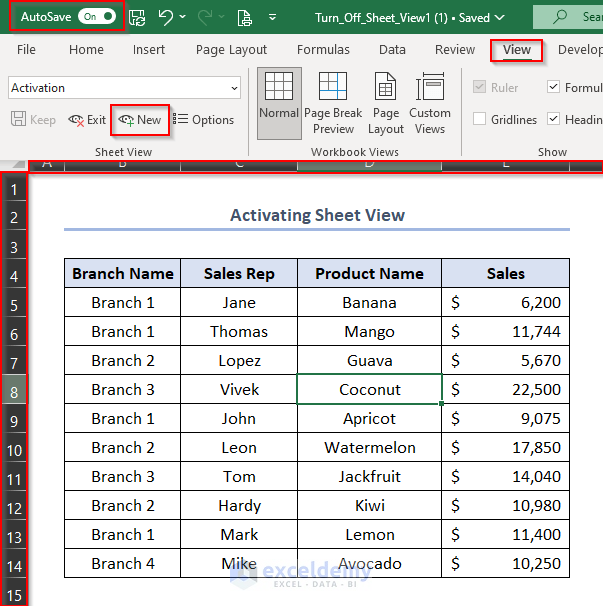 turn off sheet view in excel, activate sheet view