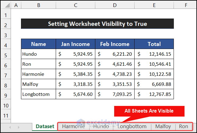 Setting Worksheet Visibility to True to Unhide All Sheets Using Excel VBA