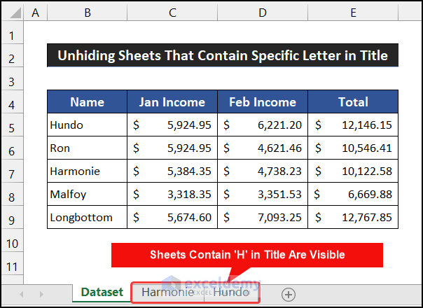 Unhiding Sheets That Contains Specific Letter in Title to Unhide All Sheets Using Excel VBA