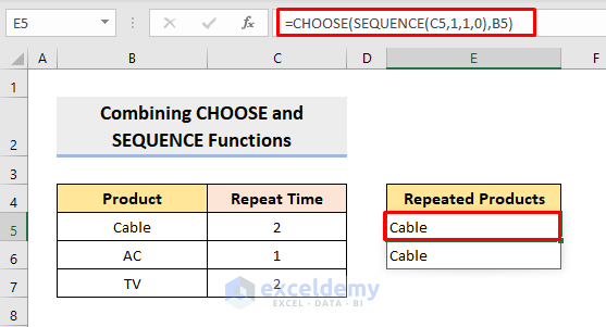 using choose and sequence functions for repeating cell values