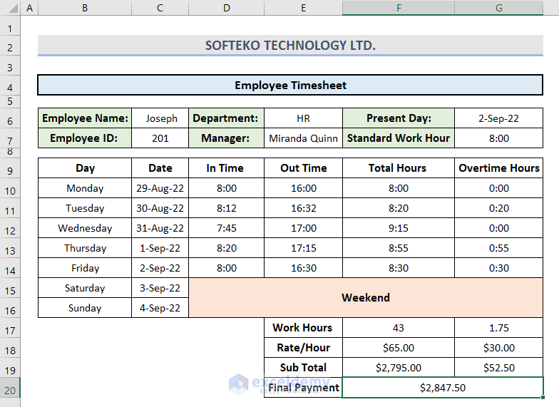 Create a timesheet in Excel