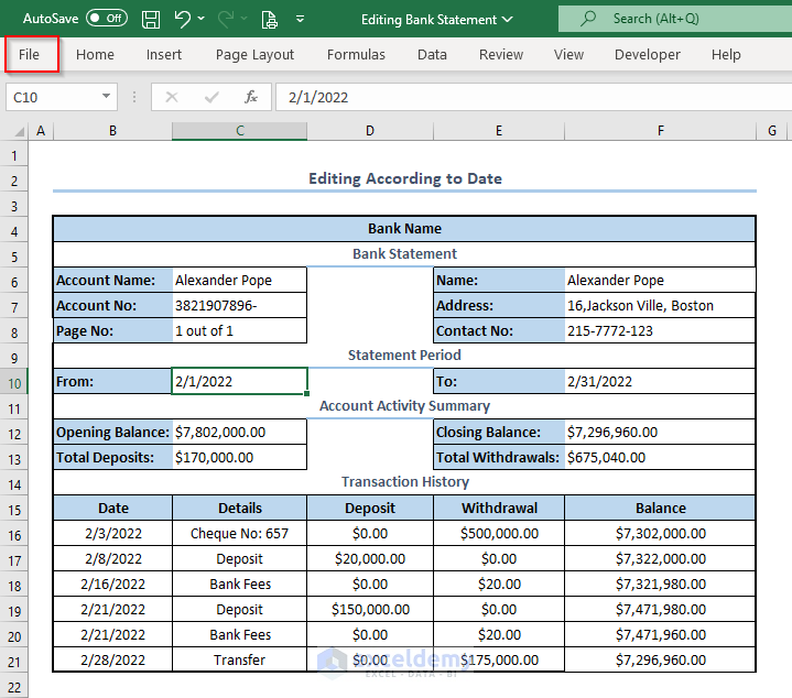 edit bank statement, converting Excel into PDF