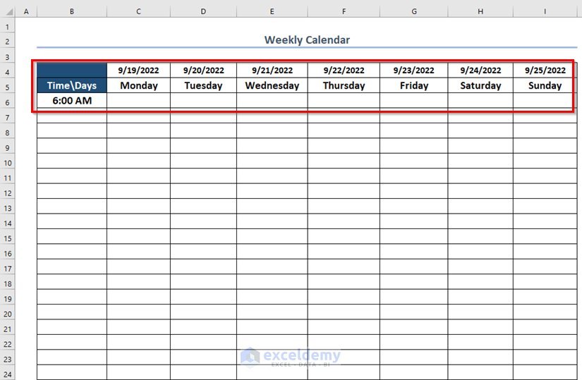 How to create a weekly calendar manually in Excel