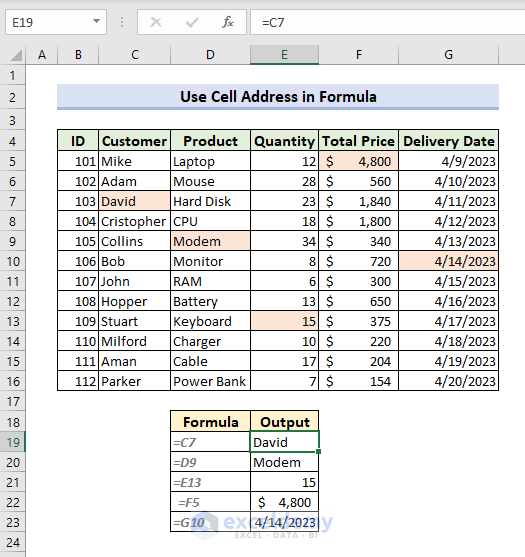How to use cell address in Excel formula