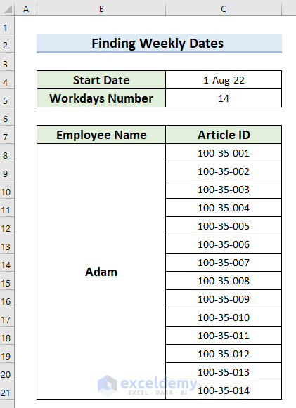 Formula for Weekly Dates in Excel