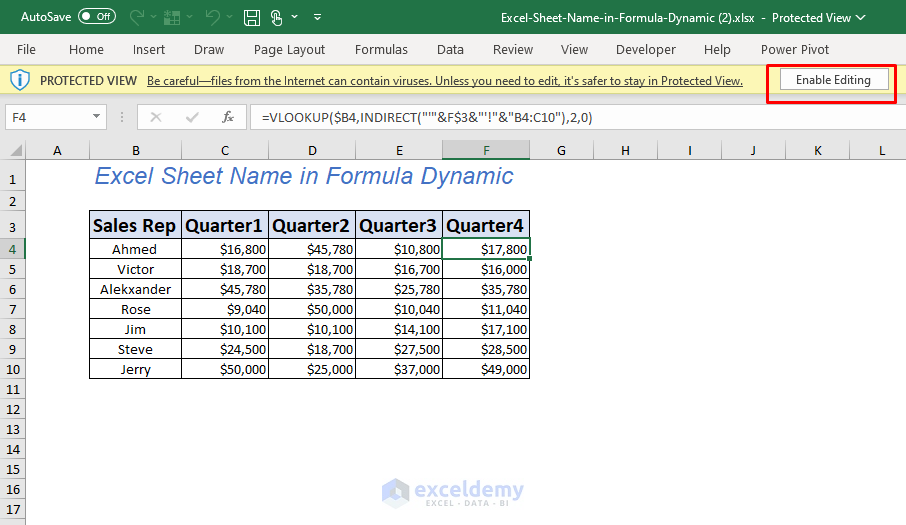 Excel sheet name in formula dynamic