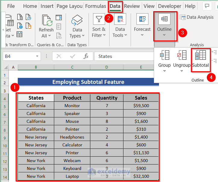 use of Subtotal feature in Excel