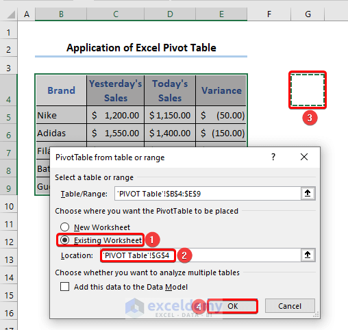 Insert Pivot Table in the Existing sheet