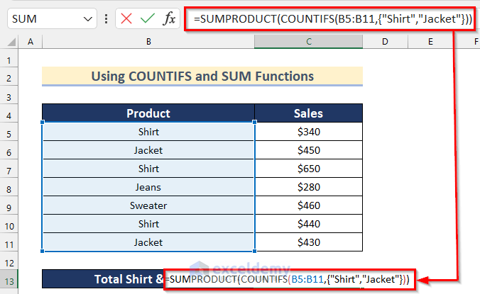 Using COUNTIFS and SUMPRODUCT Functions in Excel with Multiple Criteria in Same Column