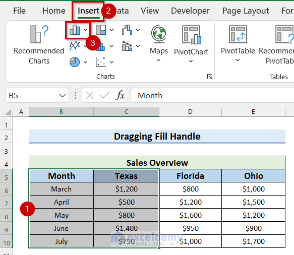 Select Data in Excel for Graph by Dragging Fill Handle