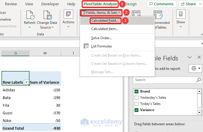 Insert the calculated table in the Pivot Table